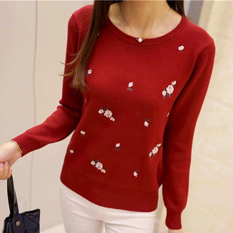 New Autumn Korean Style Slim Fit Plum Blossom Embroidered Round Neck Knitted Sweater Long Sleeve Women's Pullover Sweater for Autumn and Winter - Image 4