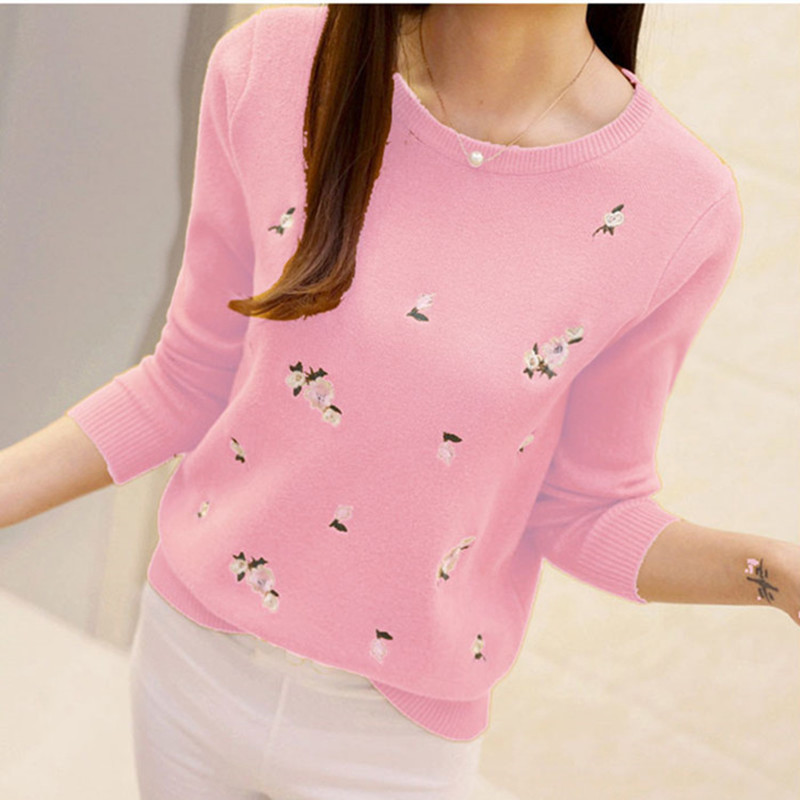 New Autumn Korean Style Slim Fit Plum Blossom Embroidered Round Neck Knitted Sweater Long Sleeve Women's Pullover Sweater for Autumn and Winter - Image 3