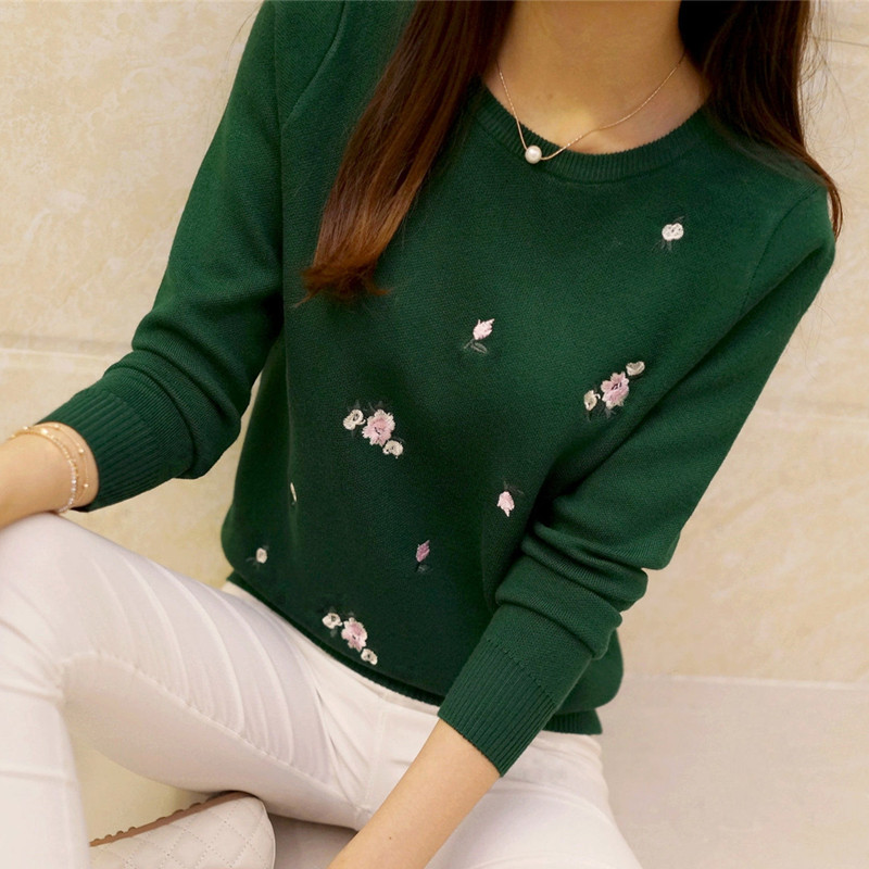 New Autumn Korean Style Slim Fit Plum Blossom Embroidered Round Neck Knitted Sweater Long Sleeve Women's Pullover Sweater for Autumn and Winter - Image 5