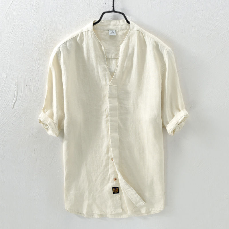 3311 (185) Light retro simple breathable inner and outer versatile shirt men's linen thin solid color mid-sleeve shirt - Image 2