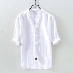 3311 (185) Light retro simple breathable inner and outer versatile shirt men's linen thin solid color mid-sleeve shirt