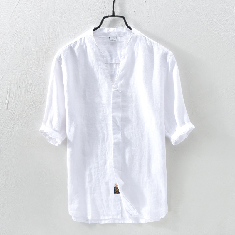 3311 (185) Light retro simple breathable inner and outer versatile shirt men's linen thin solid color mid-sleeve shirt