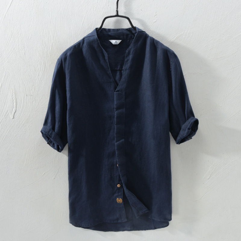 3311 (185) Light retro simple breathable inner and outer versatile shirt men's linen thin solid color mid-sleeve shirt - Image 4