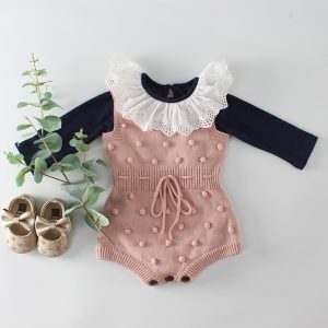 Ins hot sale 2023 spring handmade fur ball baby infant knitting wool jumpsuit bag fart romper romper