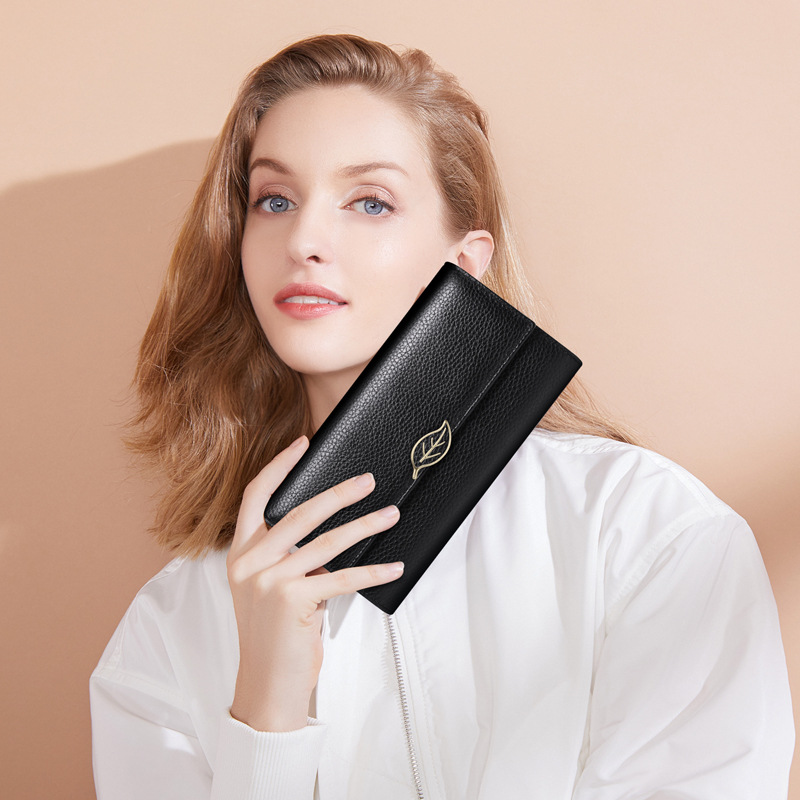 Guangzhou Leather Factory 2025 New Litchi Grain Top Layer Cowhide Women's Wallet Women's Long Genuine Leather Leaf Wallet - Image 4