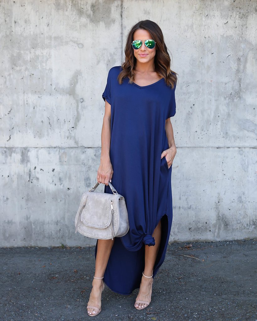 2019 AliExpress Amazon European and American Solid Color Stitching Short Sleeve V-neck Split Expansion Skirt Maxi Dress in Stock - Image 4