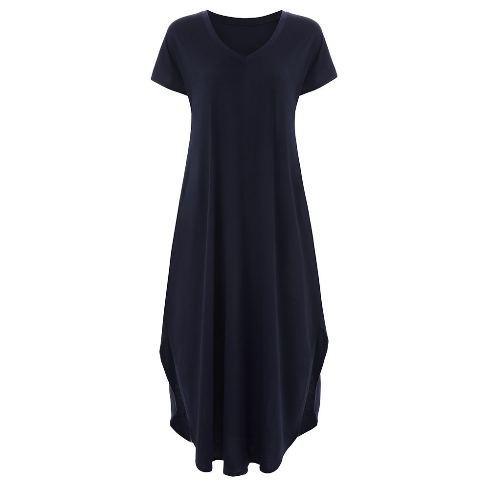 2019 AliExpress Amazon European and American Solid Color Stitching Short Sleeve V-neck Split Expansion Skirt Maxi Dress in Stock - Image 13