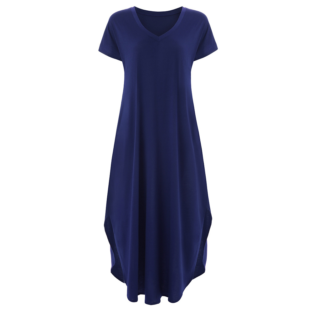 2019 AliExpress Amazon European and American Solid Color Stitching Short Sleeve V-neck Split Expansion Skirt Maxi Dress in Stock - Image 6