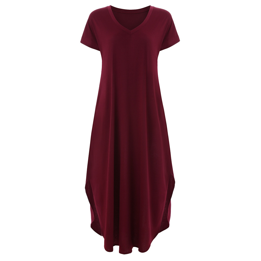 2019 AliExpress Amazon European and American Solid Color Stitching Short Sleeve V-neck Split Expansion Skirt Maxi Dress in Stock - Image 9