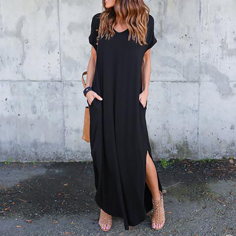 2019 AliExpress Amazon European and American Solid Color Stitching Short Sleeve V-neck Split Expansion Skirt Maxi Dress in Stock - Image 2