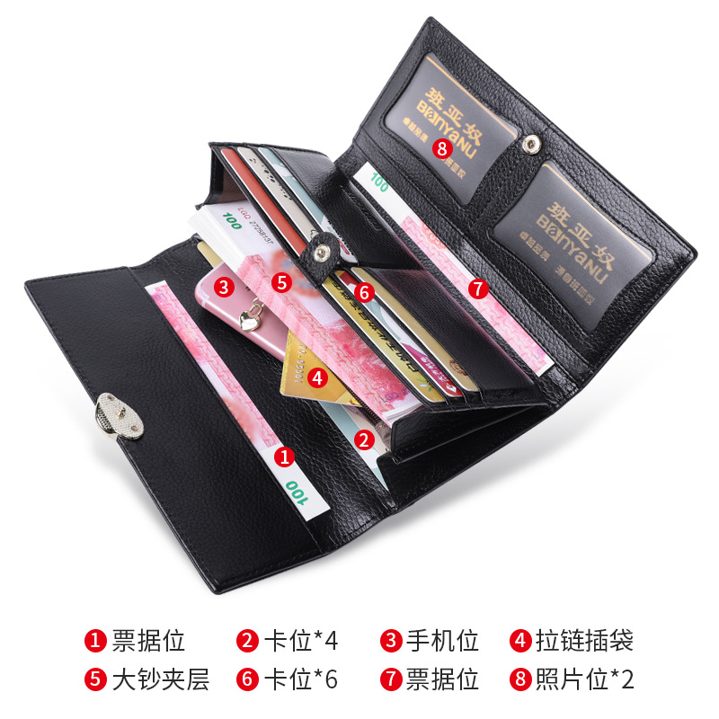 Guangzhou Leather Factory 2025 New Litchi Grain Top Layer Cowhide Women's Wallet Women's Long Genuine Leather Leaf Wallet - Image 2