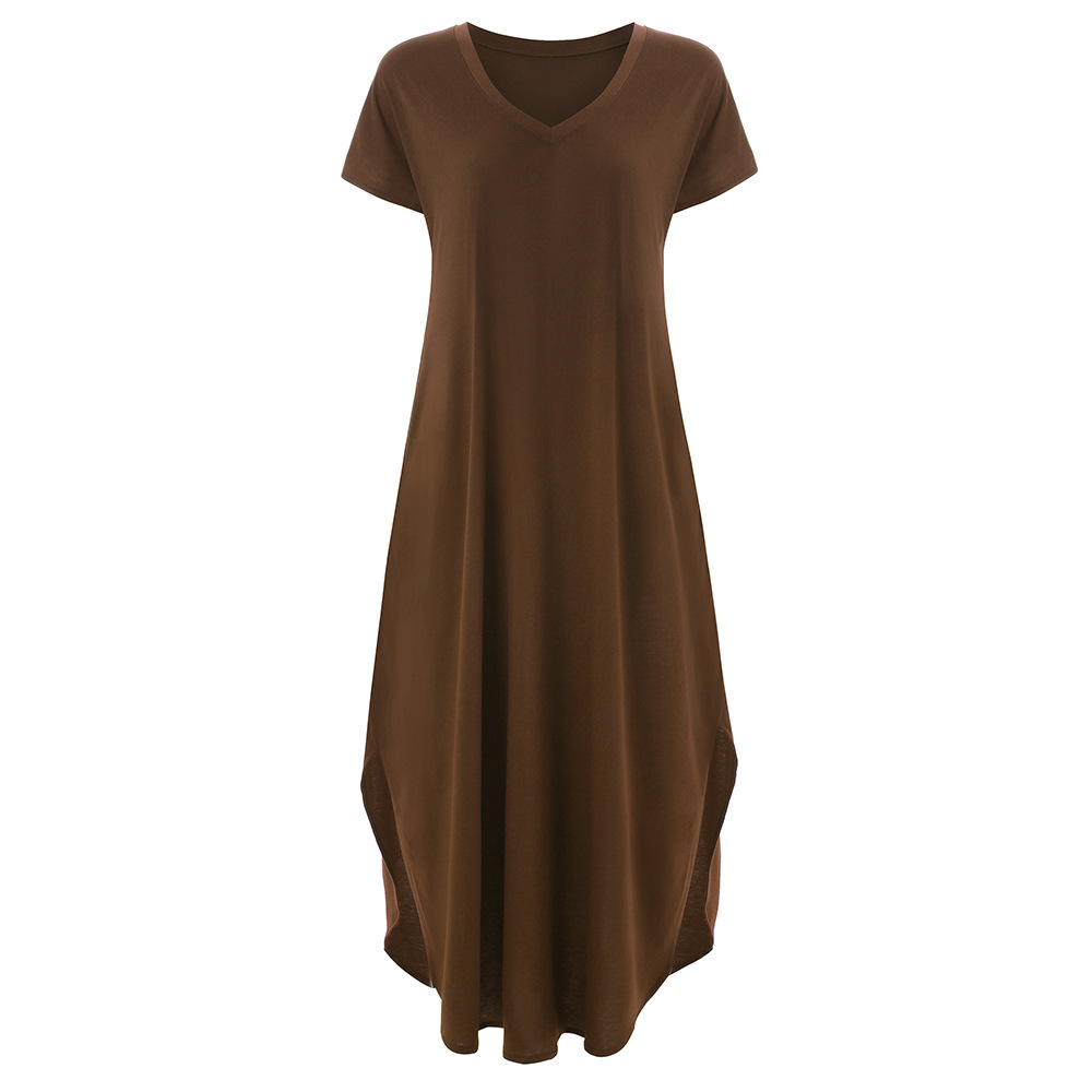 2019 AliExpress Amazon European and American Solid Color Stitching Short Sleeve V-neck Split Expansion Skirt Maxi Dress in Stock - Image 7