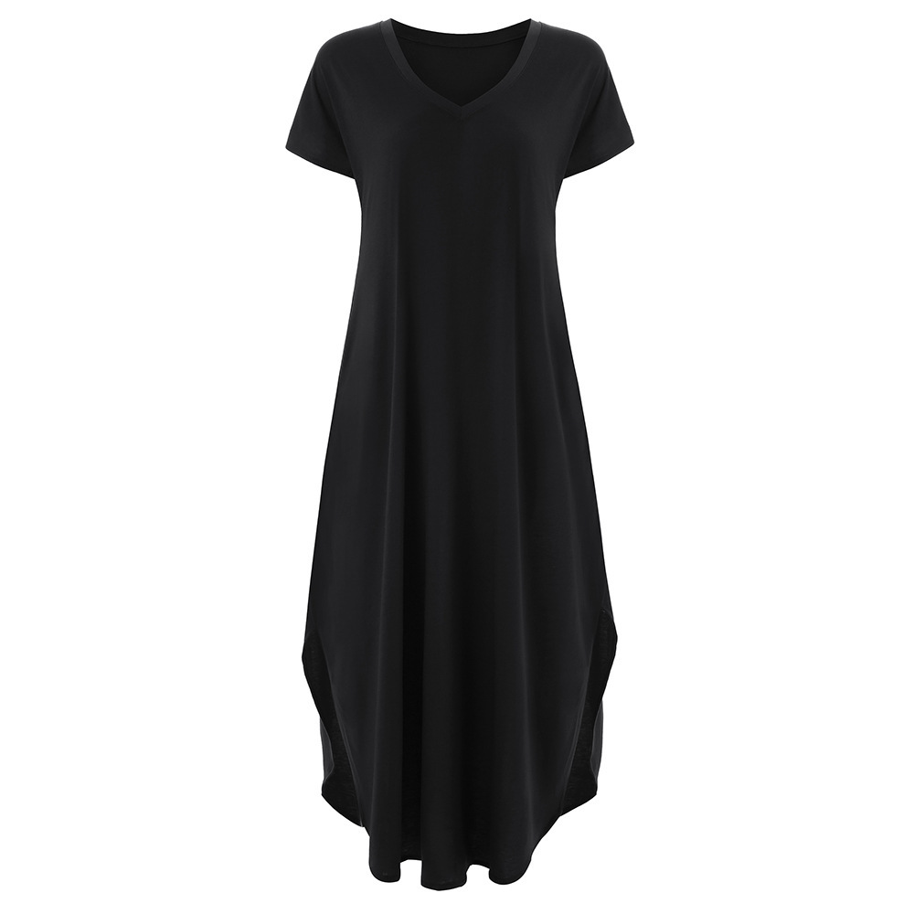 2019 AliExpress Amazon European and American Solid Color Stitching Short Sleeve V-neck Split Expansion Skirt Maxi Dress in Stock - Image 12