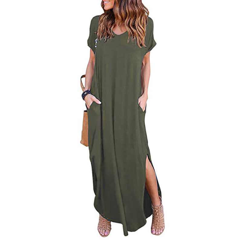 2019 AliExpress Amazon European and American Solid Color Stitching Short Sleeve V-neck Split Expansion Skirt Maxi Dress in Stock - Image 3
