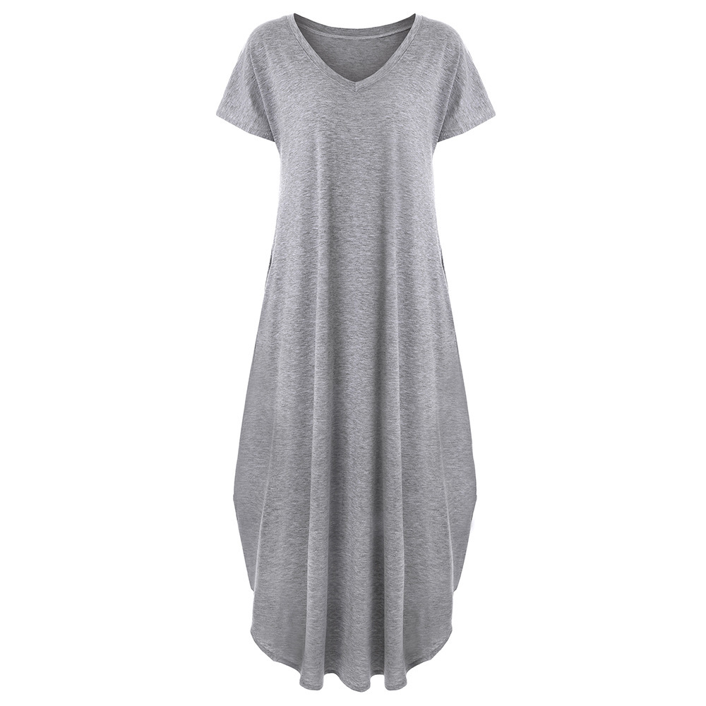 2019 AliExpress Amazon European and American Solid Color Stitching Short Sleeve V-neck Split Expansion Skirt Maxi Dress in Stock - Image 5
