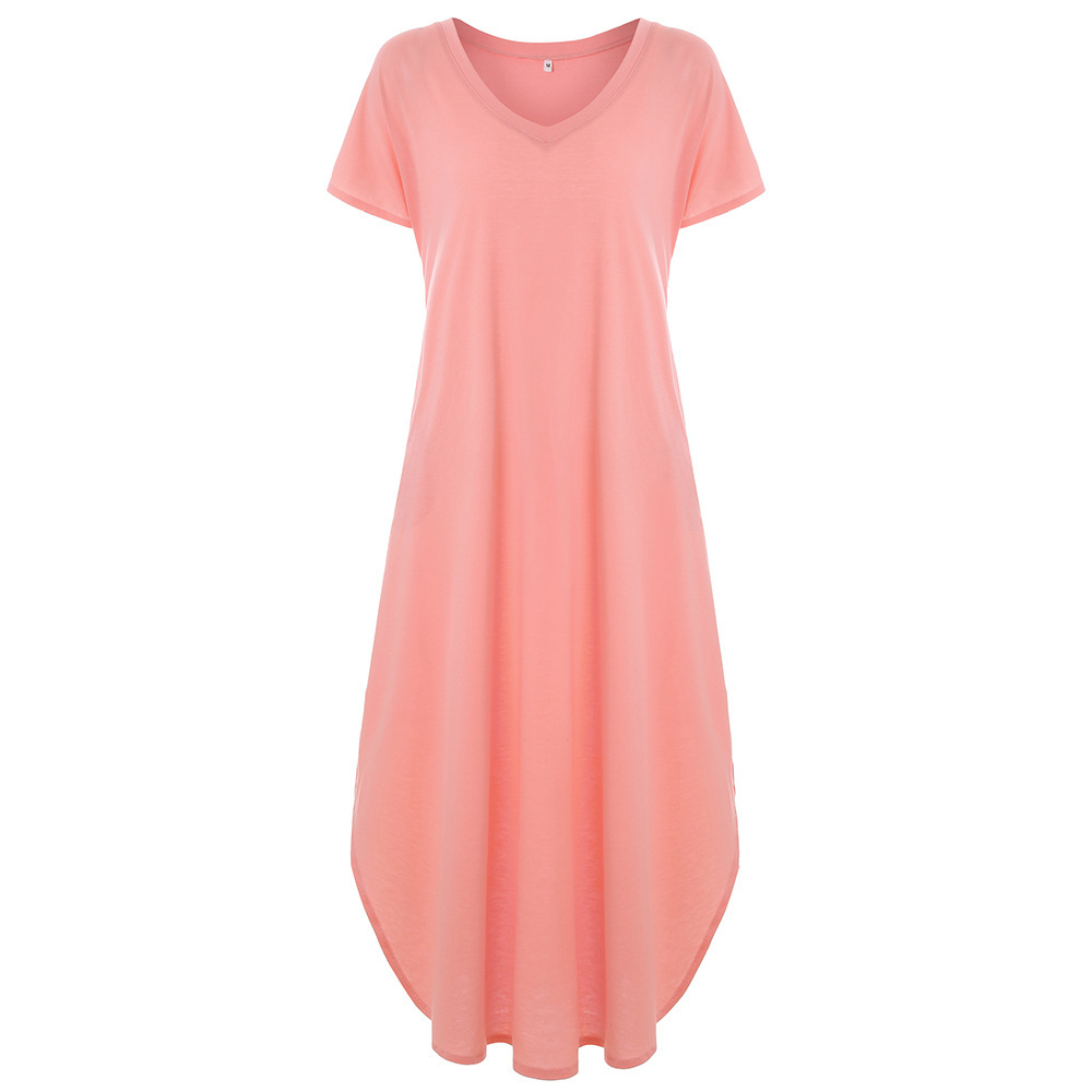 2019 AliExpress Amazon European and American Solid Color Stitching Short Sleeve V-neck Split Expansion Skirt Maxi Dress in Stock - Image 11