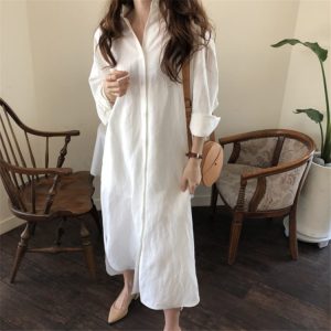 388 Korean Casual Shirt Dress 2025 Spring New Women's Clothing Plus Size Loose Shirt Dress Long Cotton Linen Export