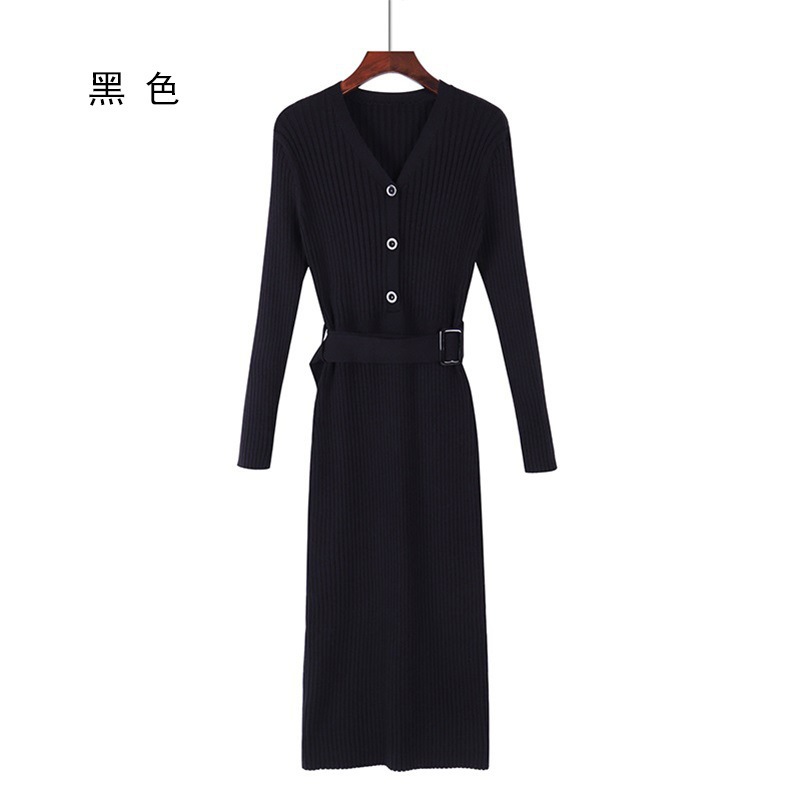 2020 autumn and winter new Korean version of the super long sweater dress over the knee base knitted long dress female V-neck slim - Image 6