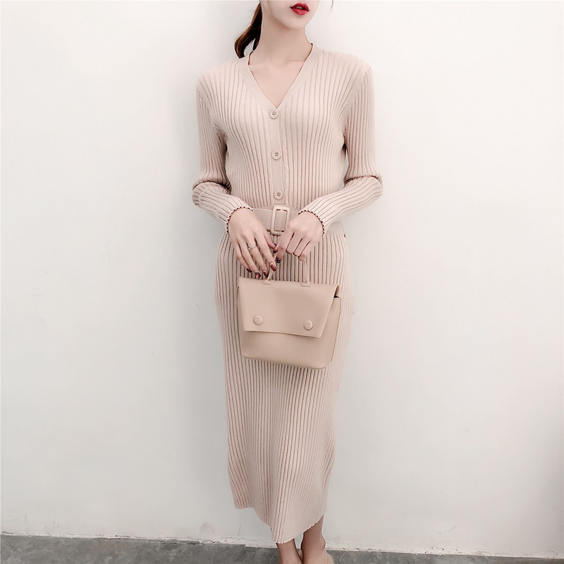 2020 autumn and winter new Korean version of the super long sweater dress over the knee base knitted long dress female V-neck slim - Image 4