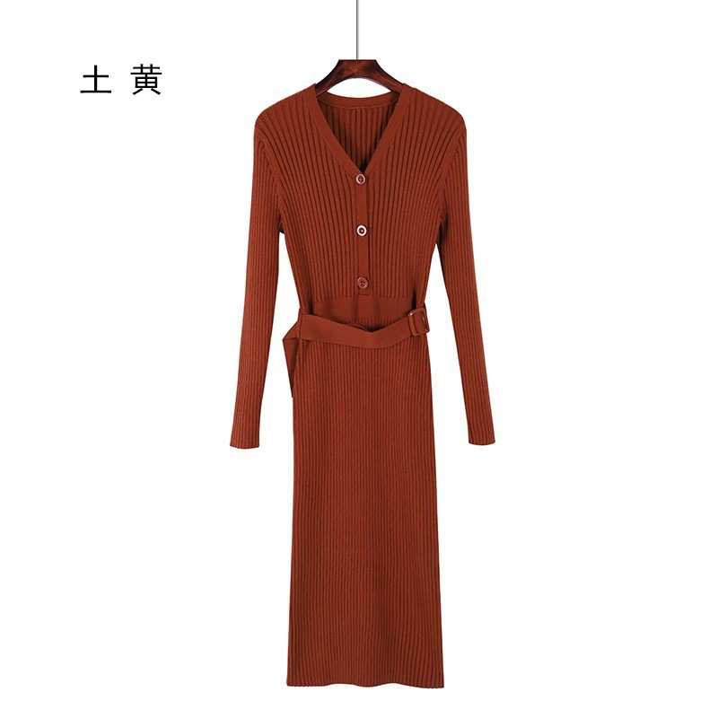 2020 autumn and winter new Korean version of the super long sweater dress over the knee base knitted long dress female V-neck slim - Image 5