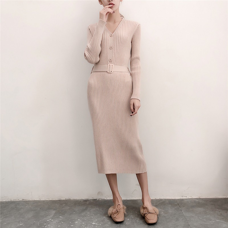 2020 autumn and winter new Korean version of the super long sweater dress over the knee base knitted long dress female V-neck slim - Image 2