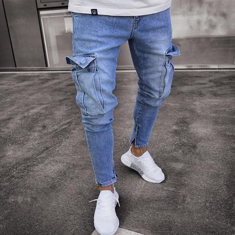 Cross-border European and American Hot Amazon Stretch Men's Jeans Trendy Knee Hole Zipper Small Feet Trousers Wholesale - Image 3