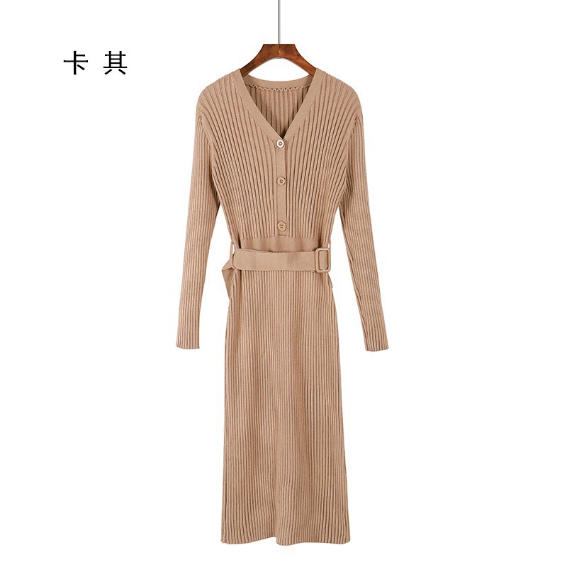 2020 autumn and winter new Korean version of the super long sweater dress over the knee base knitted long dress female V-neck slim - Image 8