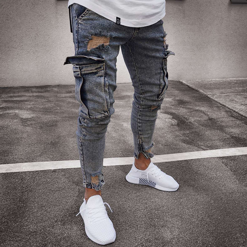 Cross-border European and American Hot Amazon Stretch Men's Jeans Trendy Knee Hole Zipper Small Feet Trousers Wholesale - Image 7