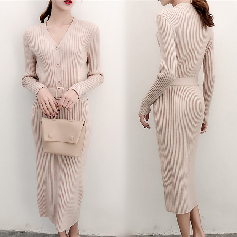 2020 autumn and winter new Korean version of the super long sweater dress over the knee base knitted long dress female V-neck slim