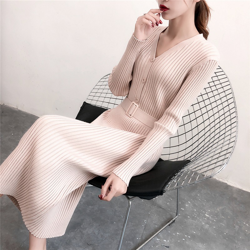 2020 autumn and winter new Korean version of the super long sweater dress over the knee base knitted long dress female V-neck slim - Image 7