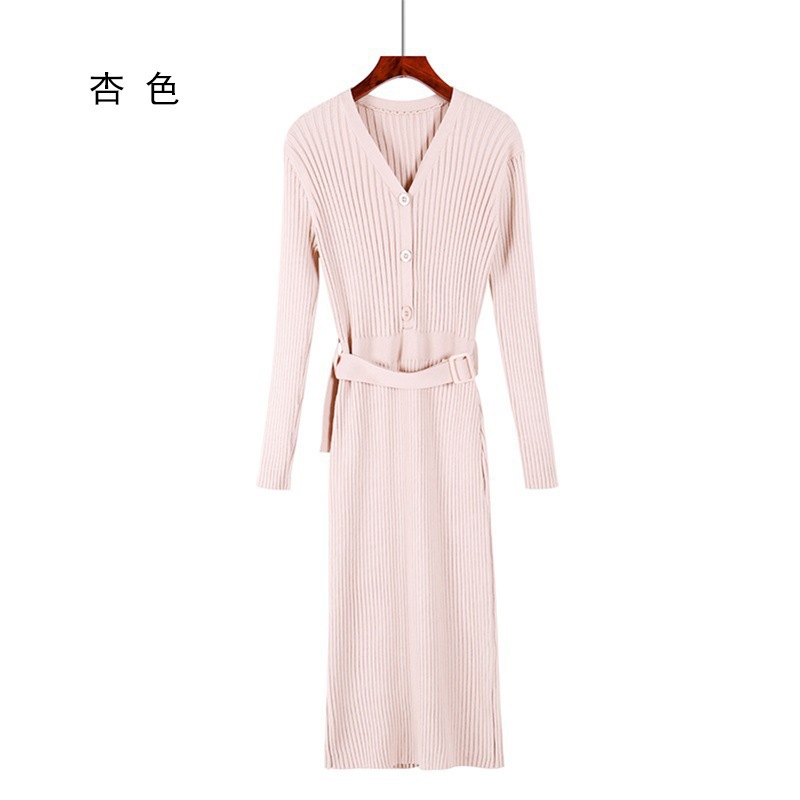 2020 autumn and winter new Korean version of the super long sweater dress over the knee base knitted long dress female V-neck slim - Image 3