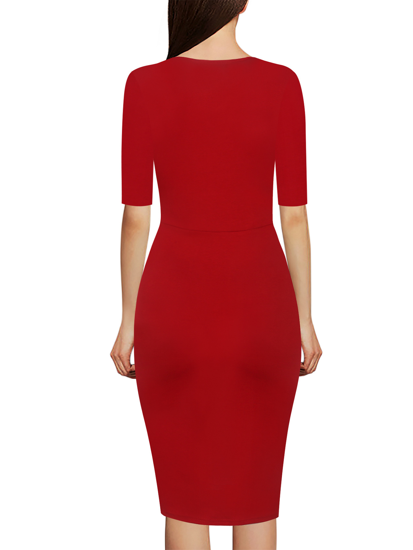 New AliExpress autumn and winter new V-neck pleated mid-sleeve printed bag hip slim slim women's pencil dress
