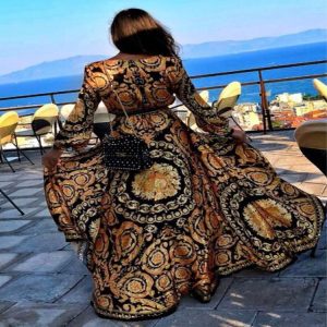 Spot European and American retro printed dress V-neck pullover retro style long-sleeved large swing split long