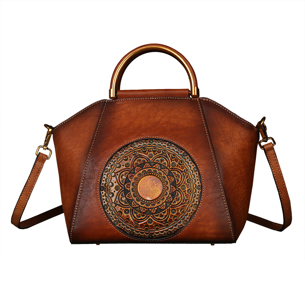 Cross-Border Tote Women's Totem Embossed Genuine Leather Women's Bag Head Layer Cowhide Retro Polishing Shoulder Messenger Bag Women Wholesale - Image 2