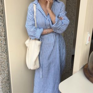 8896 One piece drop shipping 2025 spring new striped long shirt Korean style long sleeve dress lapel shirt dress