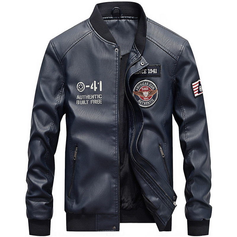 Youth men's baseball stand collar leather jacket Spring and autumn new PU leather jacket Fashion casual leather jacket motorcycle clothing