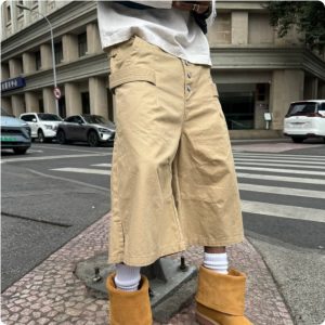 STEEPC Button-fastening Khaki Double-ring Workwear-style Casual Cropped Trousers