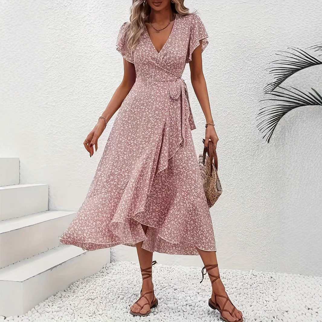 Independent Amazon cross-border e-commerce platform, floral print V-neck cardigan with tie-up short sleeves, bohemian style, full skirt, vacation dress - Image 3