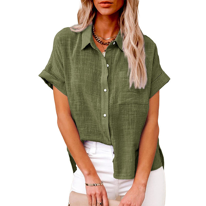 Amazon wish2022 summer new European and American cross-border women's solid color linen shirt short-sleeved casual loose shirt - Image 10