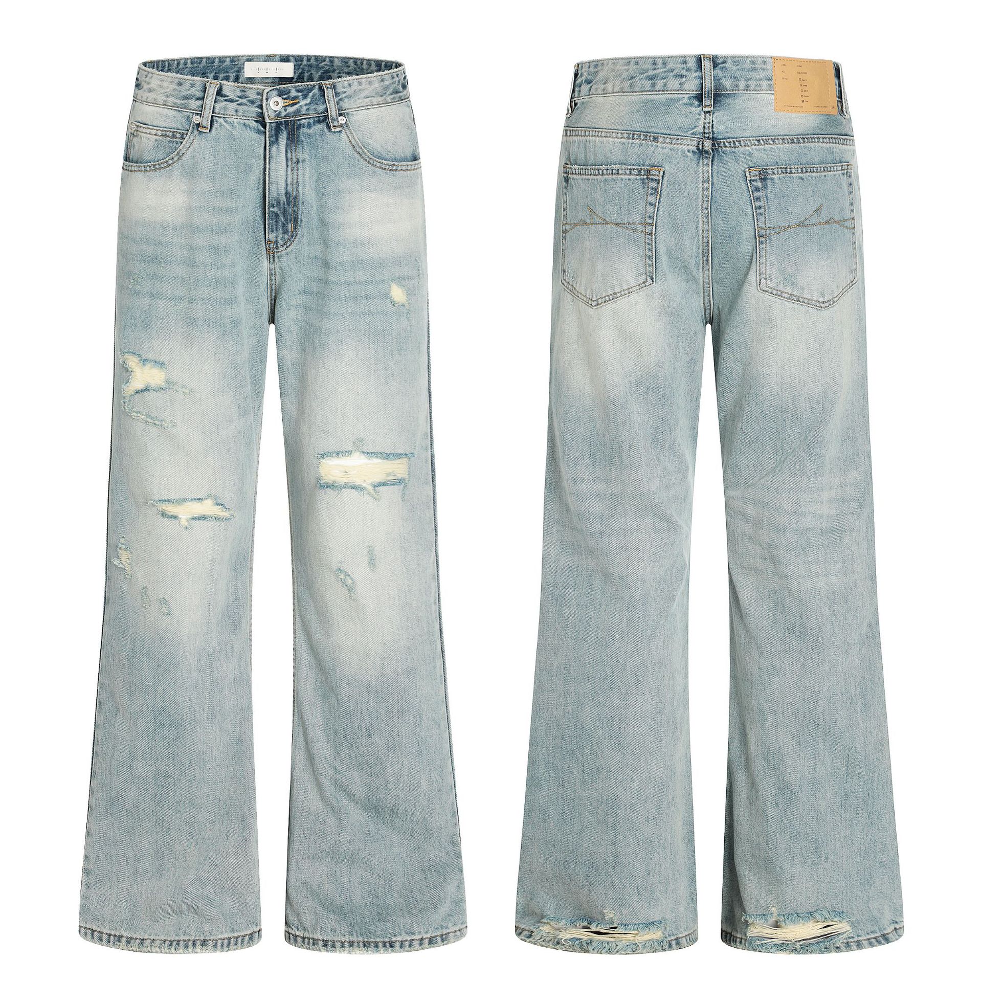 11KN American washed blue ripped flared jeans for men and women bootcut slim loose personality casual trousers - Image 7