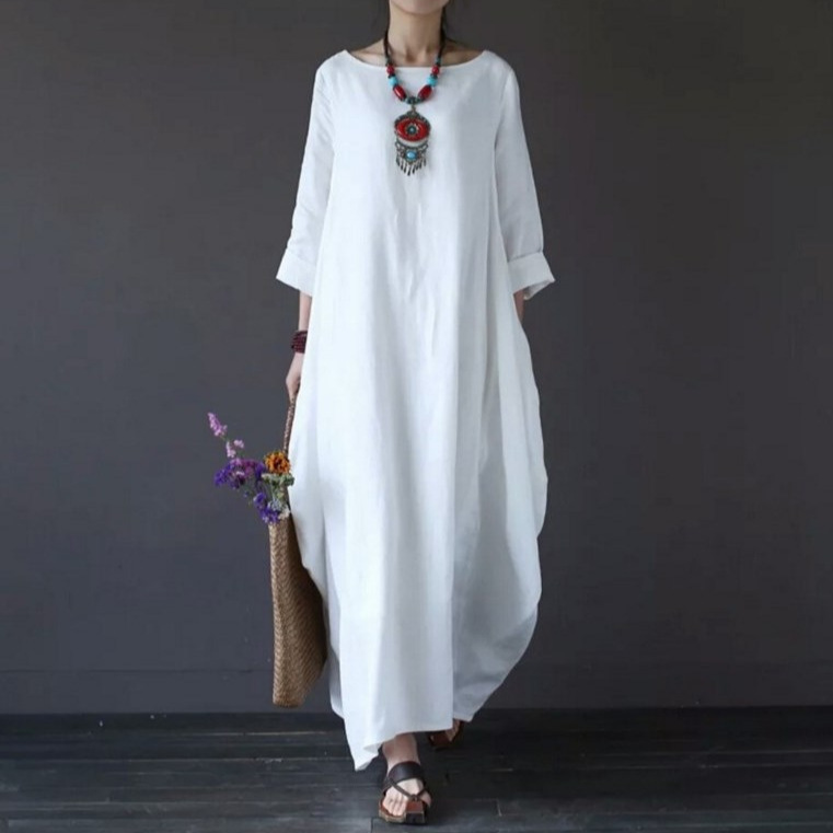 2025 Spring/Summer New Arrival Amazon AliExpress Wish Literary Loose Plus Size Cotton Linen Long Dress - Image 3