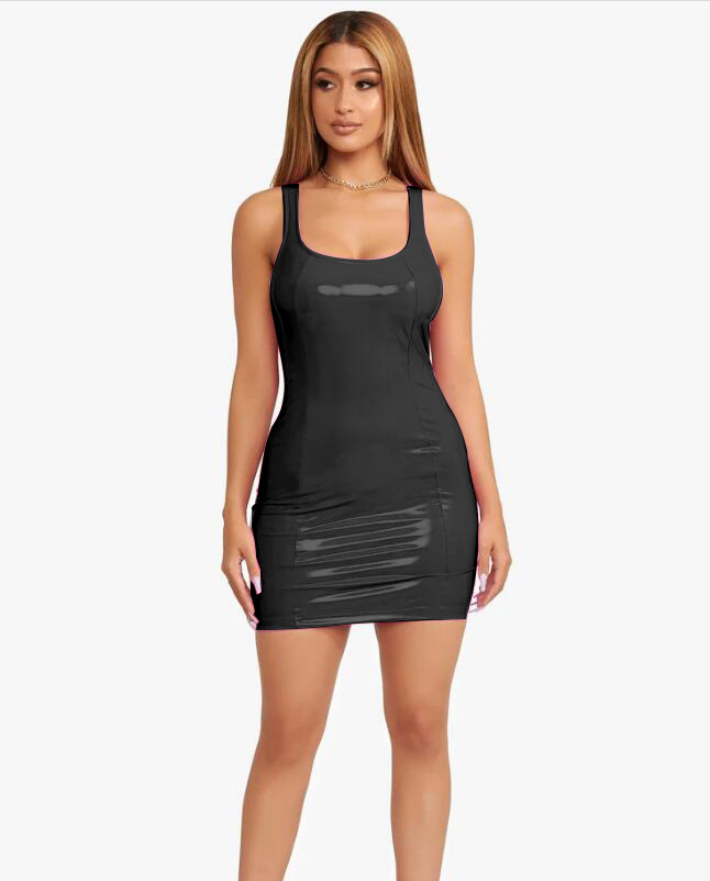 2022 color imitation leather dress zipper PU high elastic round neck one-piece short skirt four-sided elastic leather skirt package hip skirt - Image 5
