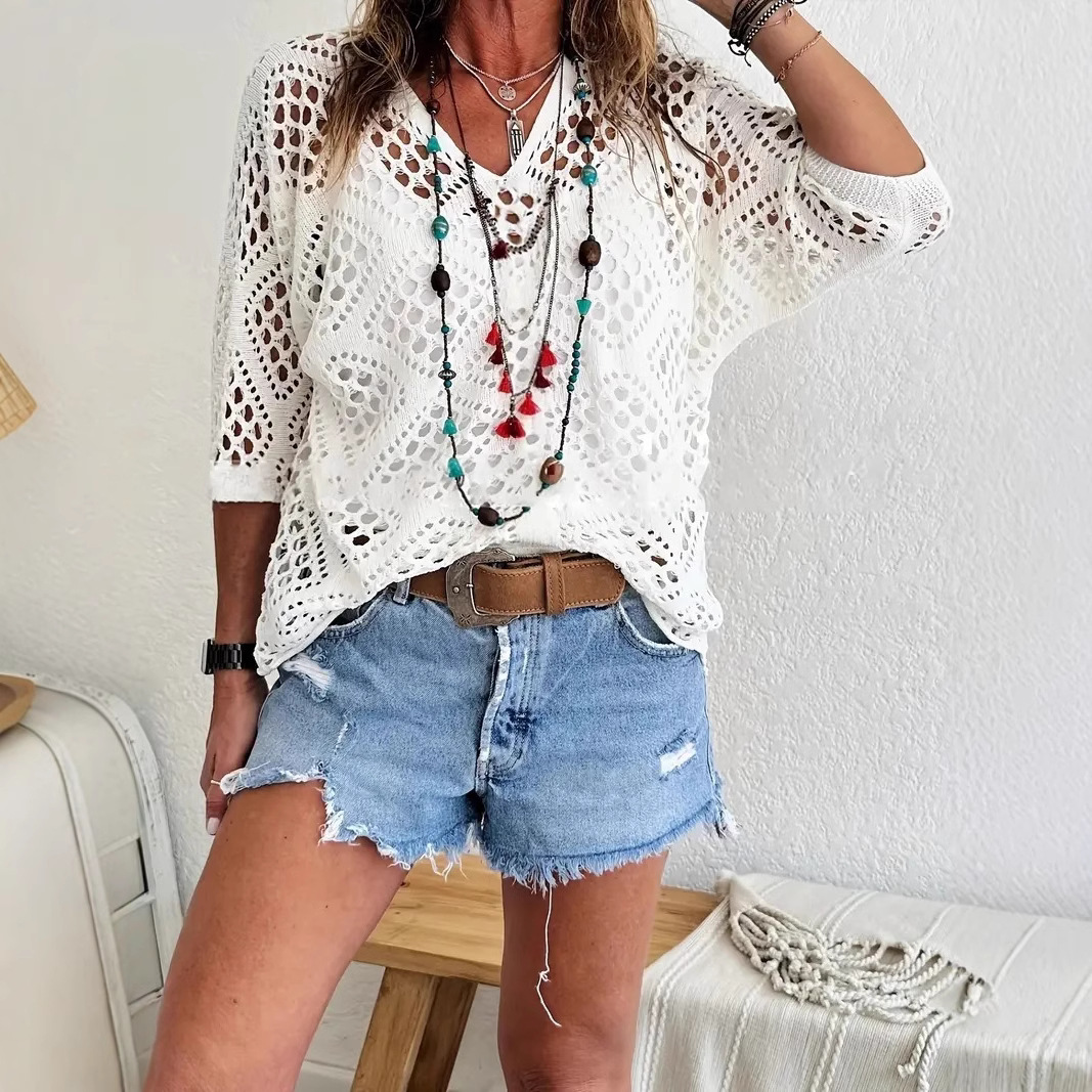 Cross-border e-commerce, Europe and America, Amazon Spring/Summer V-neck diamond-patterned openwork batwing sleeve women's sweater cover-up knitwear - Image 21