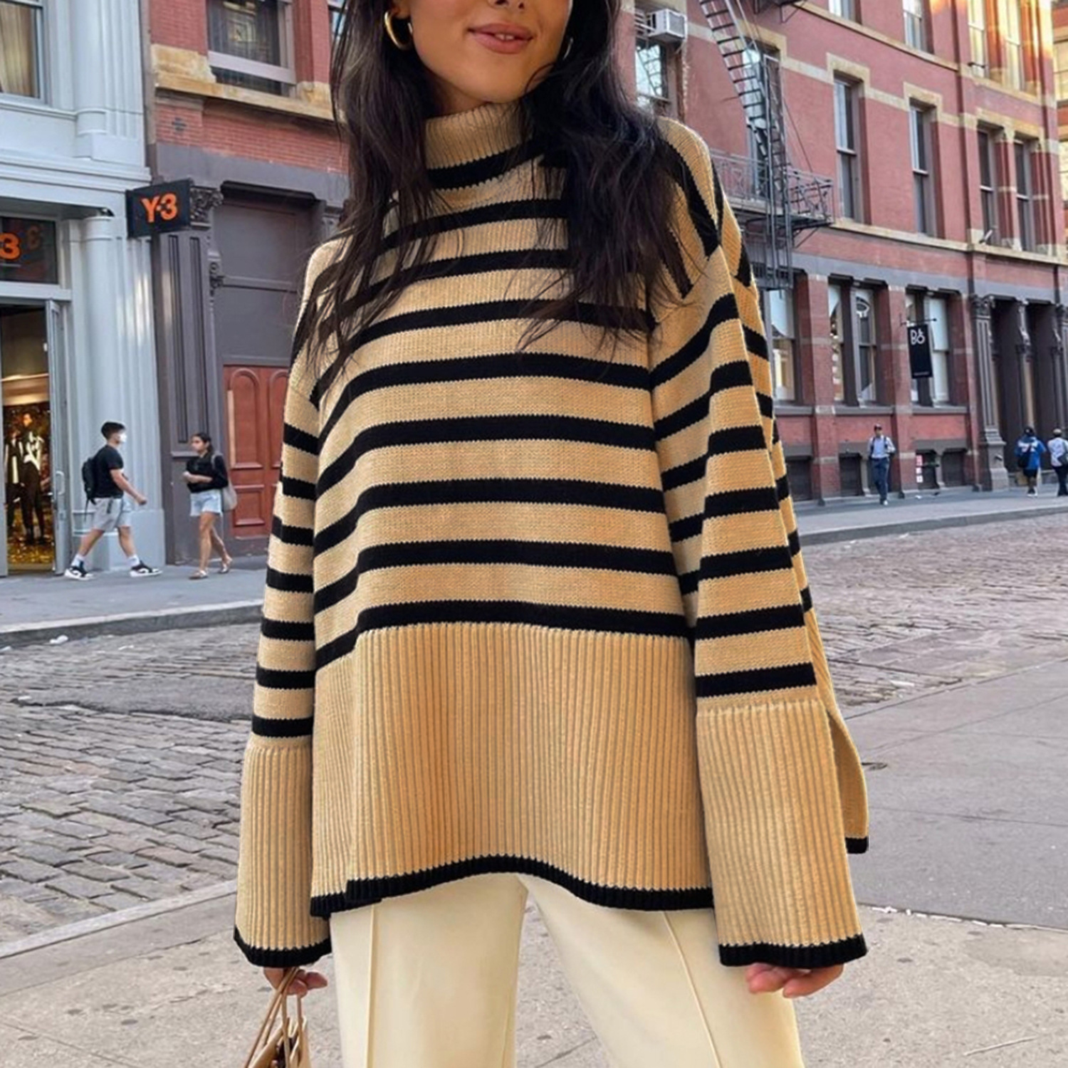 2021 cross-border autumn and winter new AliExpress Amazon popular women's high-neck knitted striped slit sweater top - Image 5