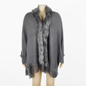 European and American style autumn and winter foreign trade Amazon tassel cape shawl fur collar cape solid color cardigan wool sweater