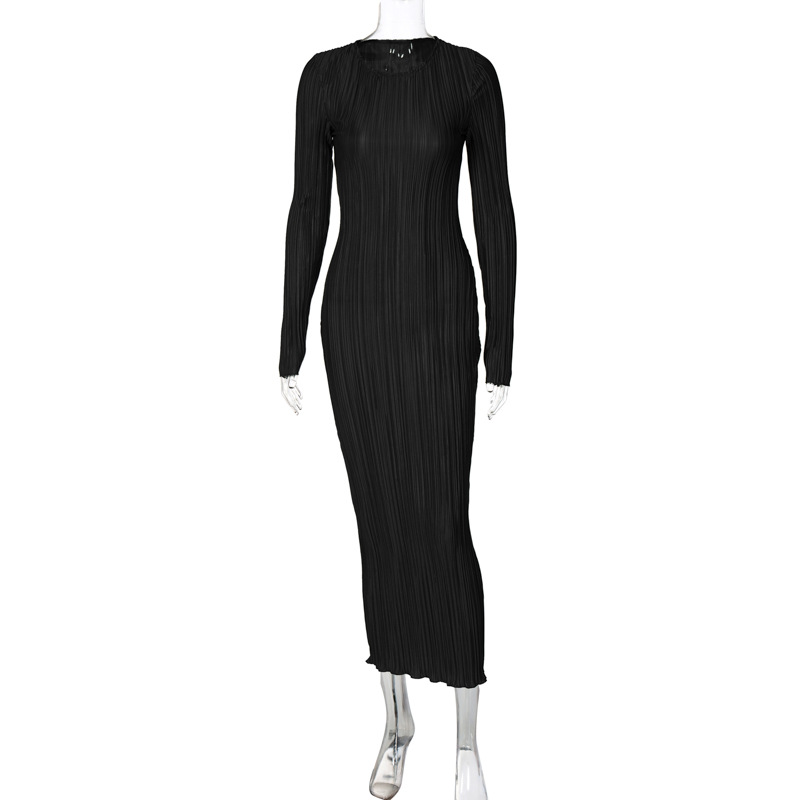 European and American style women's clothing 2022 autumn new fashion casual solid color round neck long-sleeved slim dress foreign trade wholesale - Image 8