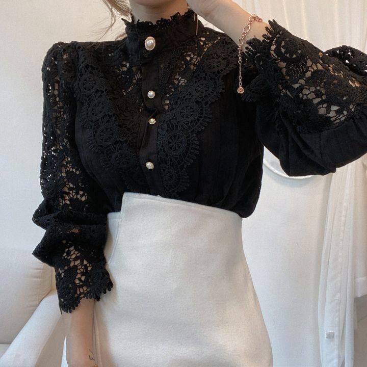 French Loose Chic Button Heavy Industry Lace Hollow Flower Stitching Long Sleeve Stand Collar Shirt - Image 5