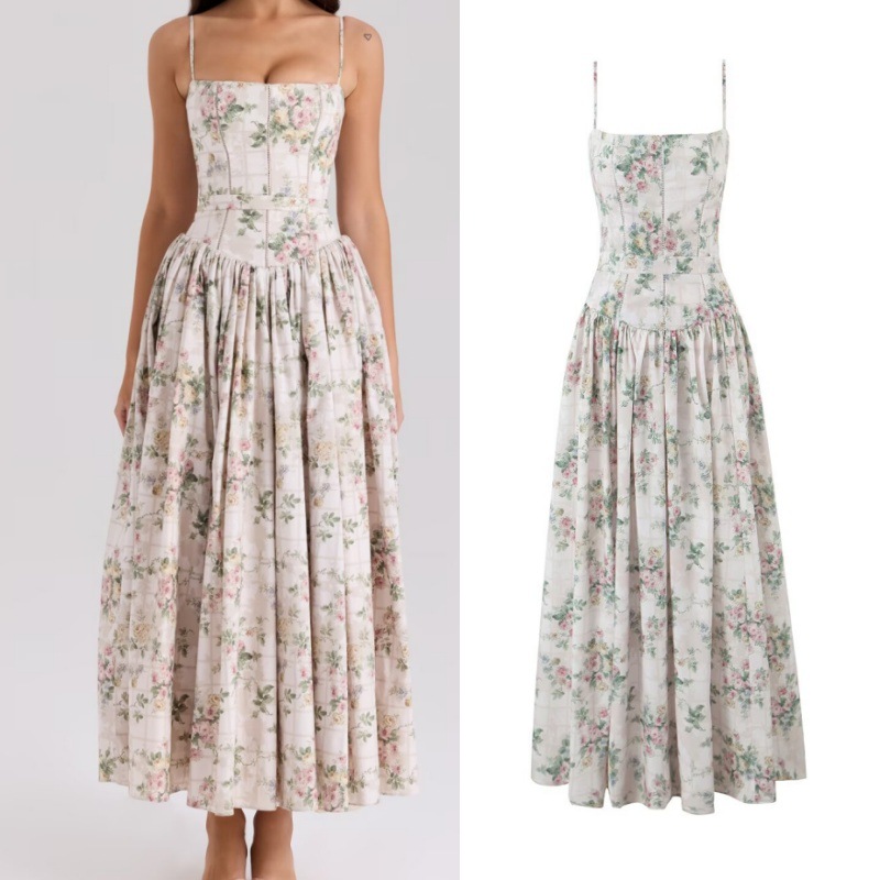 House style, wholesale export, French fresh and gentle vacation style floral maxi dress with waist-cinching suspenders - Image 3
