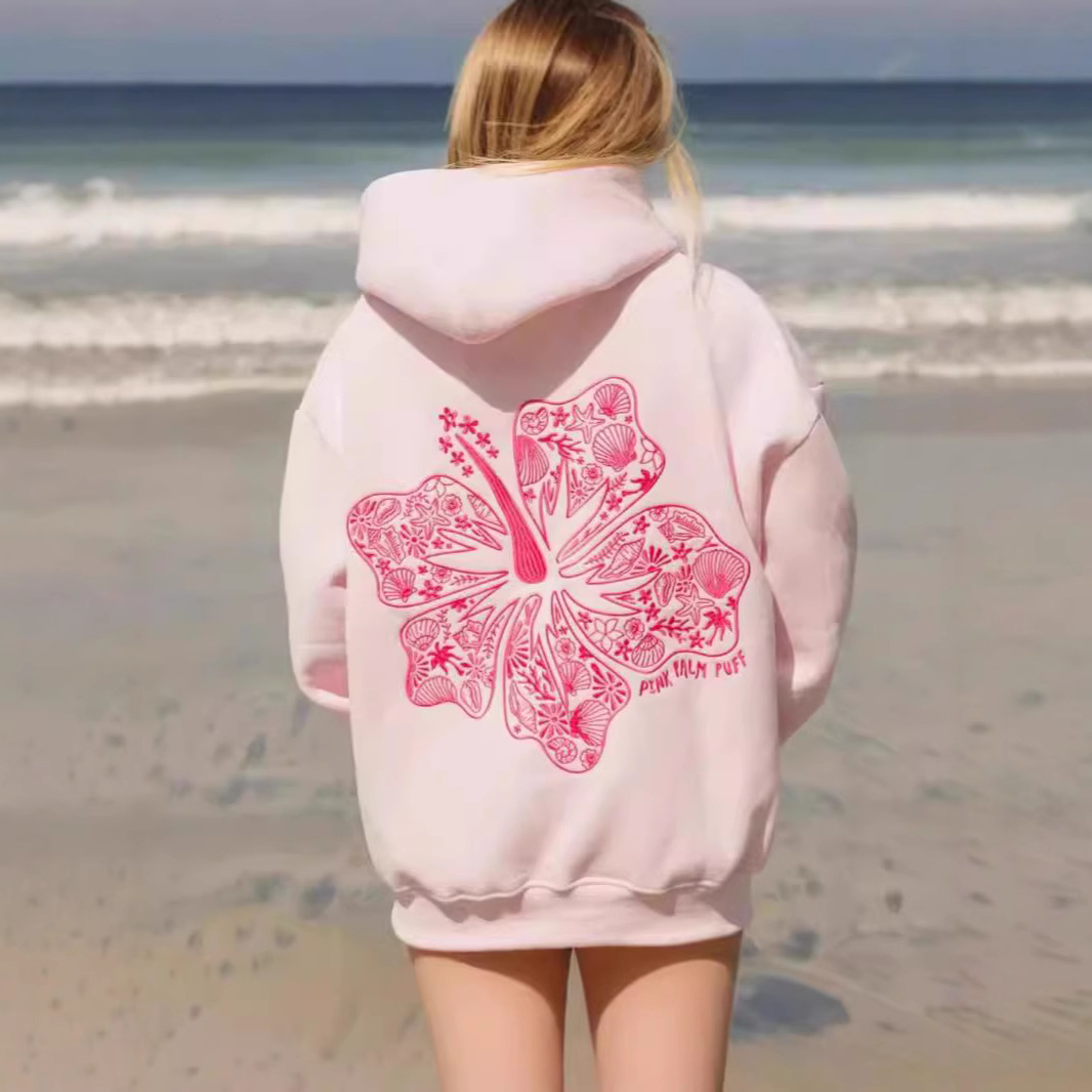 2024 New European Size Women's Drop Shoulder Sleeve Threaded Hawaii Hibiscus Brand Sweatshirt Hoodie Print