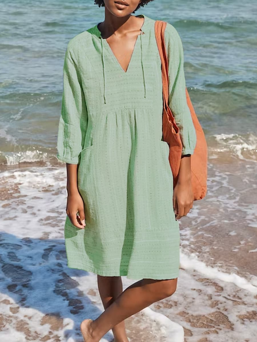 2023 Spring European and American New Jacquard Cotton and Linen Dress Amazon Hot Item V-neck Casual Loose Pocket Dress - Image 6